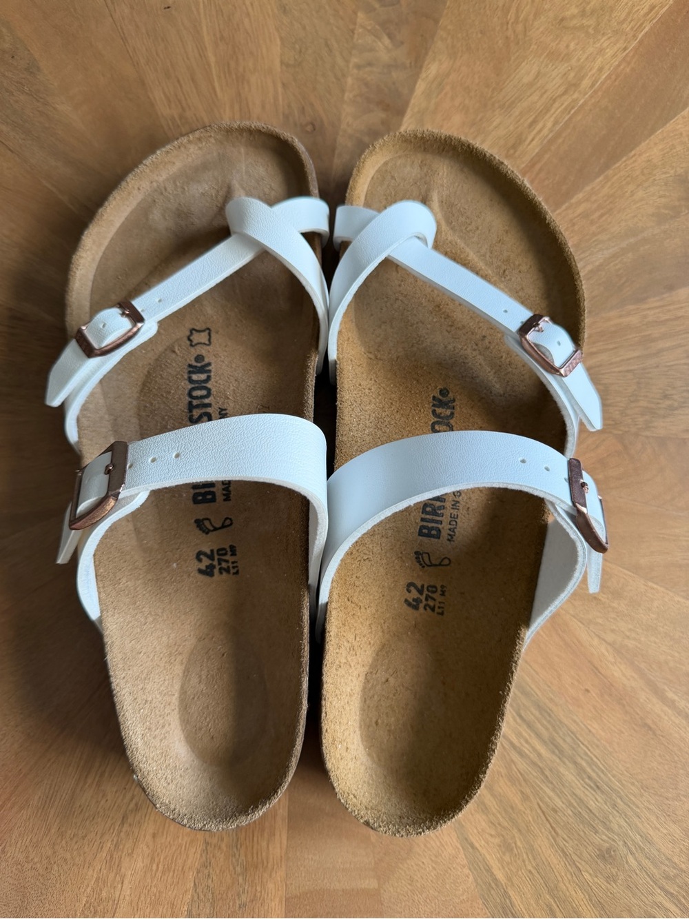 White Birkenstock Mayari sandals with rose gold buckle, size US 11W/42 #mayari